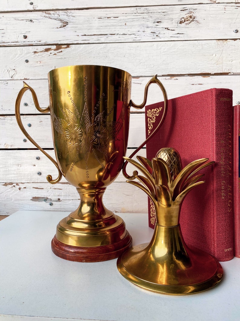 Regency Brass Pedestal Urn Vase with Pineapple Embellished Lid Polished /& Etched upon Marble Base