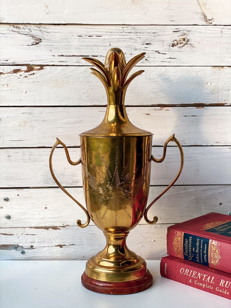 Regency Brass Pedestal Urn Vase with Pineapple Embellished Lid Polished /& Etched upon Marble Base