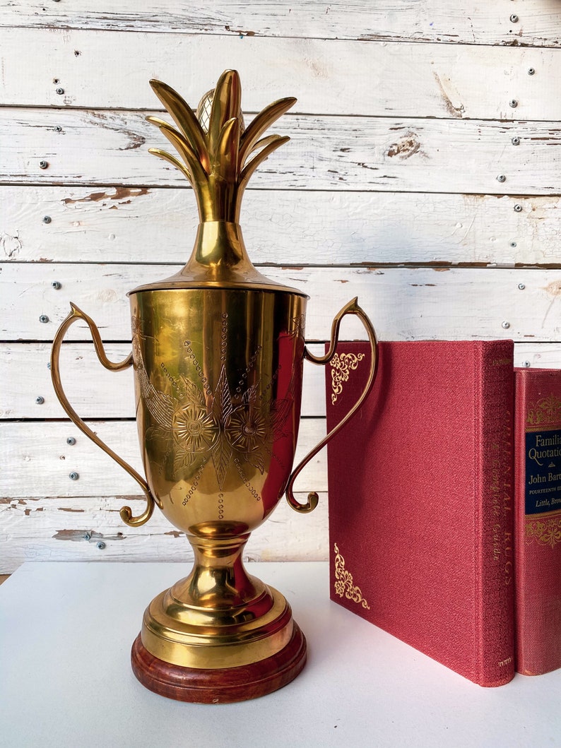 Regency Brass Pedestal Urn Vase with Pineapple Embellished Lid Polished /& Etched upon Marble Base