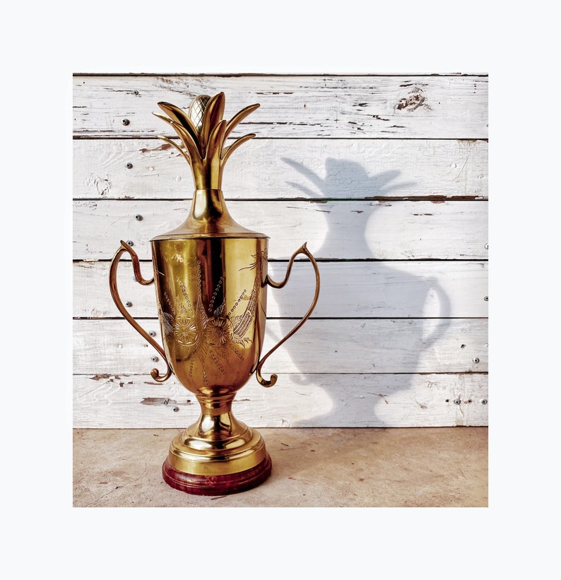 Regency Brass Pedestal Urn Vase with Pineapple Embellished Lid Polished /& Etched upon Marble Base
