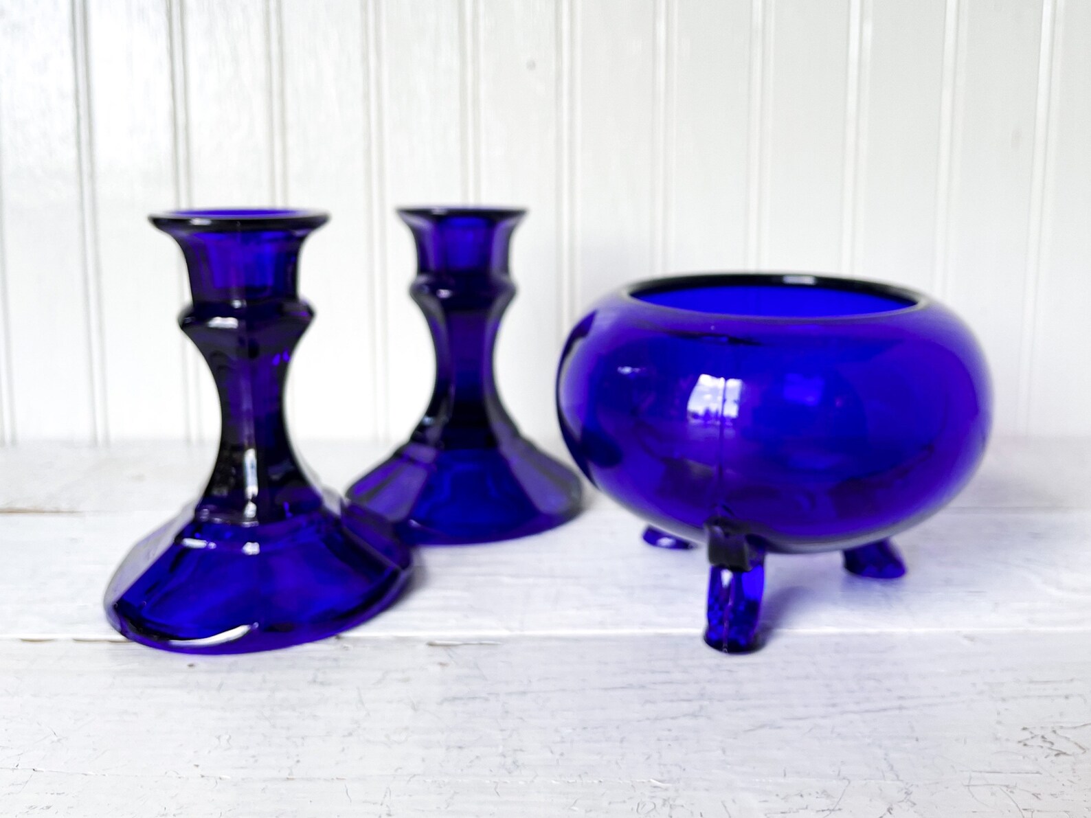 Cobalt Blue Glass Decor Set Pair of Candlesticks & Footed Etsy