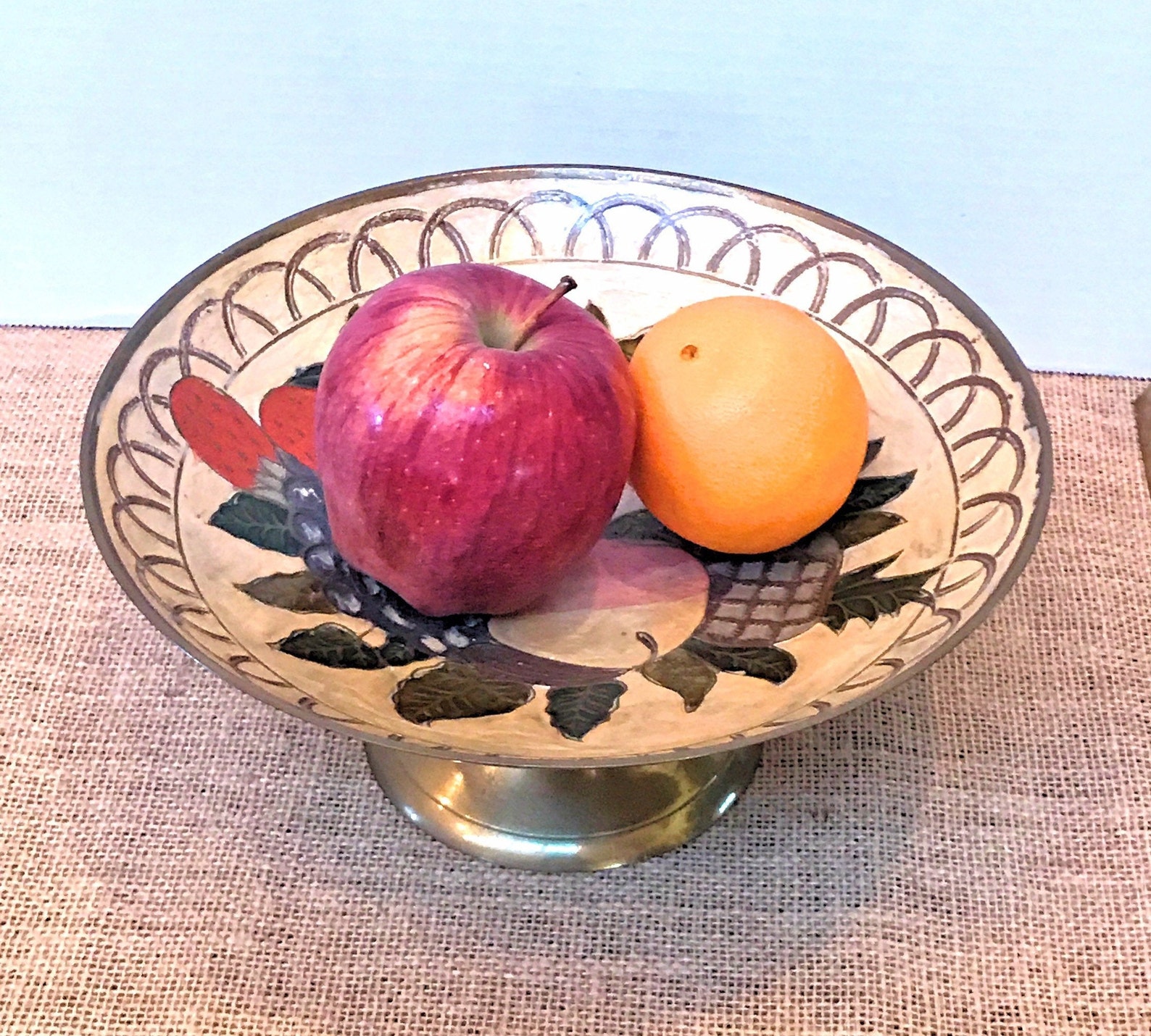 Enameled Brass Fruit Pedestal Bowl Vintage Painted Brass Dish Etsy