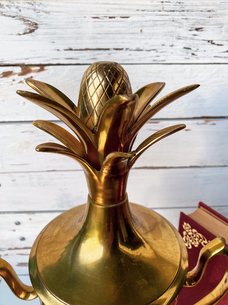 Regency Brass Pedestal Urn Vase with Pineapple Embellished Lid Polished /& Etched upon Marble Base