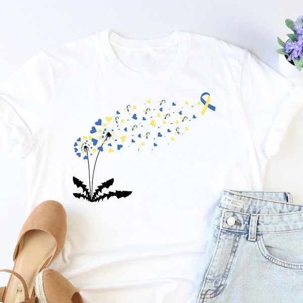 Dandelion Down Syndrome Shirt, Down Syndrome T21 Shirt, Down Syndrome Awareness Shirt, Down Syndrome Month Shirt, Blue And Yellow Ribbon Tee