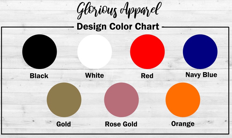 Op de afbeelding: Kleurenkaart met verschillende kleuren die beschikbaar zijn voor kledingontwerpen. De kleuren zijn zwart, wit, rood, marineblauw, goud, roze goud en oranje.