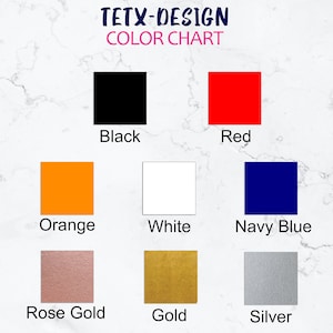 Peut inclure: Nuancier de couleurs montrant diff&eacute;rentes couleurs pour un projet de design. Les couleurs sont le noir, le rouge, l'orange, le blanc, le bleu marine, l'or rose, l'or et l'argent.