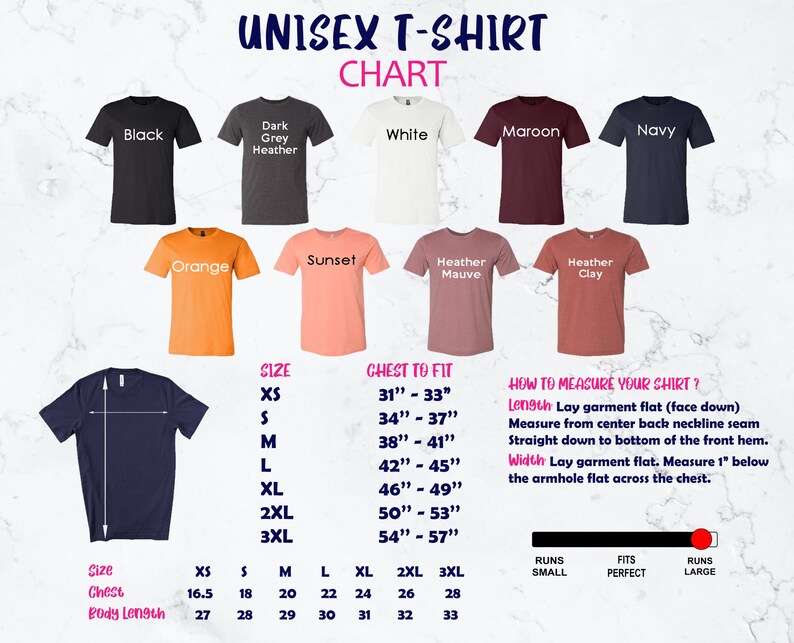Puede incluir: Tabla de tallas de camiseta unisex con una variedad de colores y tallas. La tabla incluye medidas de pecho en pulgadas, longitud del cuerpo en pulgadas y opciones de talla desde XS hasta 3XL. La tabla tambi&eacute;n incluye informaci&oacute;n sobre c&oacute;mo medir tu camiseta.