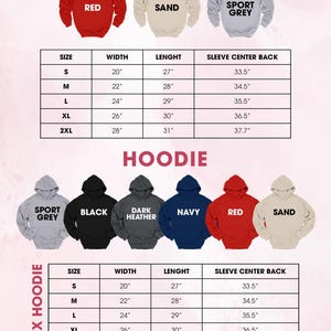 The image is a color and size chart for a sweatshirt, displaying various color options and corresponding sizes for each.