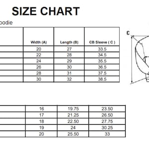 Op de afbeelding: Maattabel voor hoodies voor volwassenen en kinderen. De tabel toont de maten in inches voor breedte, lengte en mouwlengte. Een diagram toont de maten op een hoodie.