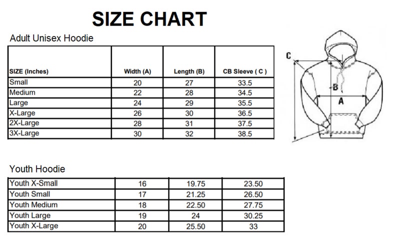 Op de afbeelding: Maattabel voor hoodies voor volwassenen en kinderen. De tabel toont de maten in inches voor breedte, lengte en mouwlengte. Een diagram toont de maten op een hoodie.