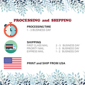 Puede incluir: Ilustraci&oacute;n de un cron&oacute;metro, un cami&oacute;n de reparto y la bandera estadounidense. El texto dice: "PROCESSING and SHIPPING", "PROCESSING TIME 1-3 BUSINESS DAY", "SHIPPING", "FIRST CLASS MAIL 2-5 BUSINESS DAY", "PRIORITY MAIL 1-3 BUSINESS DAY", "EXPRESS MAIL 1-2 BUSINESS DAY", "PRINT and SHIP FROM USA".