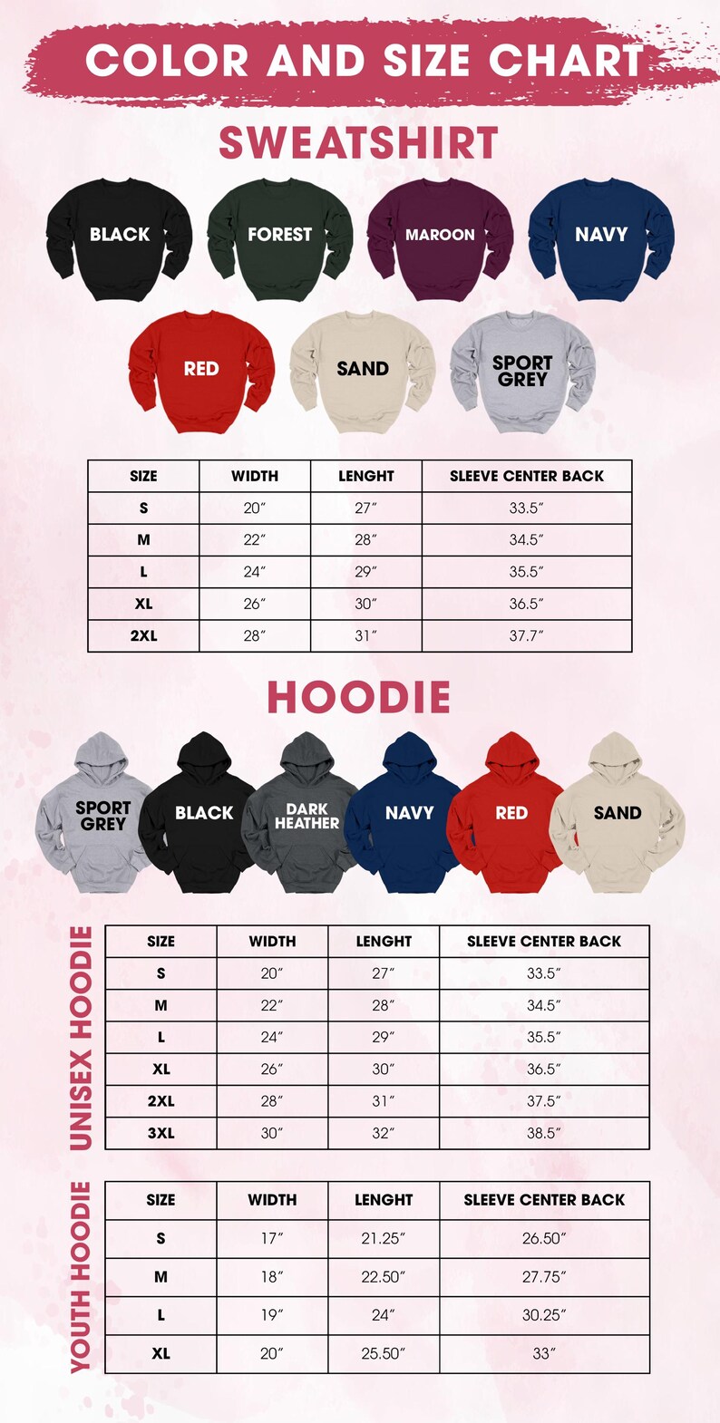 The image is a color and size chart for a sweatshirt, displaying various color options and corresponding sizes for each.