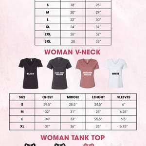 The image is a color and size chart that provides information about various t-shirt designs, including their color, size, and style.