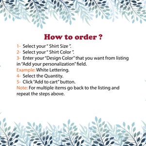 Puede incluir: Instrucciones para pedir una camiseta personalizada. Selecciona la talla, el color y el color del dise&ntilde;o de la camiseta. A&ntilde;ade una personalizaci&oacute;n, como letras. Elige la cantidad y haz clic en "A&ntilde;adir al carrito". Para varios art&iacute;culos, repite los pasos.