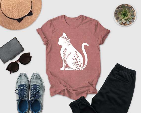 Floral Cat Shirt,  Floral Animal Shirt, Cat Silhouette Shirt, Cat Mom Shirt, Nature Lover Tee, Cat Flower Gift, Animal Lover Shirt, Mom Gift