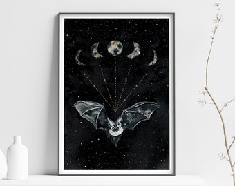 Printable Bat and Moon Phases Art Print, Bat Wall Art in Black and Gold, Bat Painting for Celestial and Animal Lovers and Witchy Goth Decor
