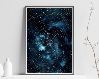 Printable Celestial Art Print in indigo blue and gold for space lovers