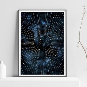 Printable Celestial Art Print of galaxy and stars in indigo blue and gold for space lovers and celestial wall art decor