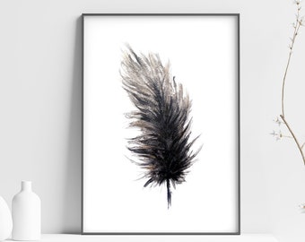 Printable Feather Art Print in Brown Black and Gold for nature and boho lovers and wall art decor