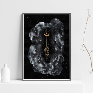 Celestial Unalome Symbol and Moon Printable Wall Art in Black and Gold