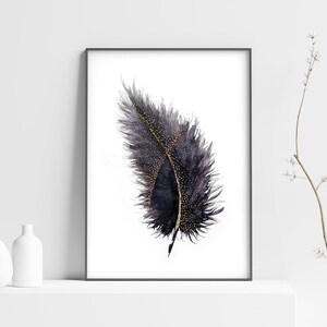 Printable Feather Illustration Wall Art Print in Purple Blue Gold
