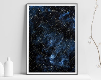 Printable Celestial Art Print in indigo blue and gold of galaxy and stars for space lovers and celestial wall art decor