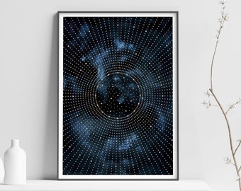 Printable Celestial Art Print of galaxy and stars in indigo blue and gold for space lovers and celestial wall art decor