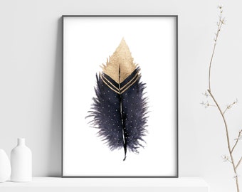 Feather Art Print, Printable Wall Art, Dark Feather Poster, Purple Blue Gold,  Digital Wall Art, DOWNLOADABLE Mystical Witchy Decor