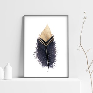 Feather Art Print, Printable Wall Art, Dark Feather Poster, Purple Blue Gold,  Digital Wall Art, DOWNLOADABLE Mystical Witchy Decor