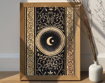 Printable Art Nouveau Celestial Moon Art Print in black and gold for Celestial witchy Wall Art Decor