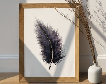 Feather Print, Printable Wall Art, Feather Watercolor Painting, Purple Blue Gold Illustration, Nature Art Witchy Gift, Instant download