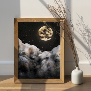 Printable Full Moon Print, Celestial Wall Art, Golden Moon and Clouds, Celestial Watercolor, Black and Gold, Moon Poster, Witchy Decor Gift