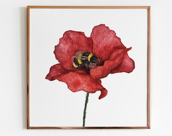Printable Poppy flower and Bumblebee Art Print for plant and bee lovers and nature wall art