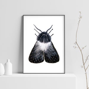 Printable Magical Moth Art Print in black and gold for nature and witchy wall art and insect lovers