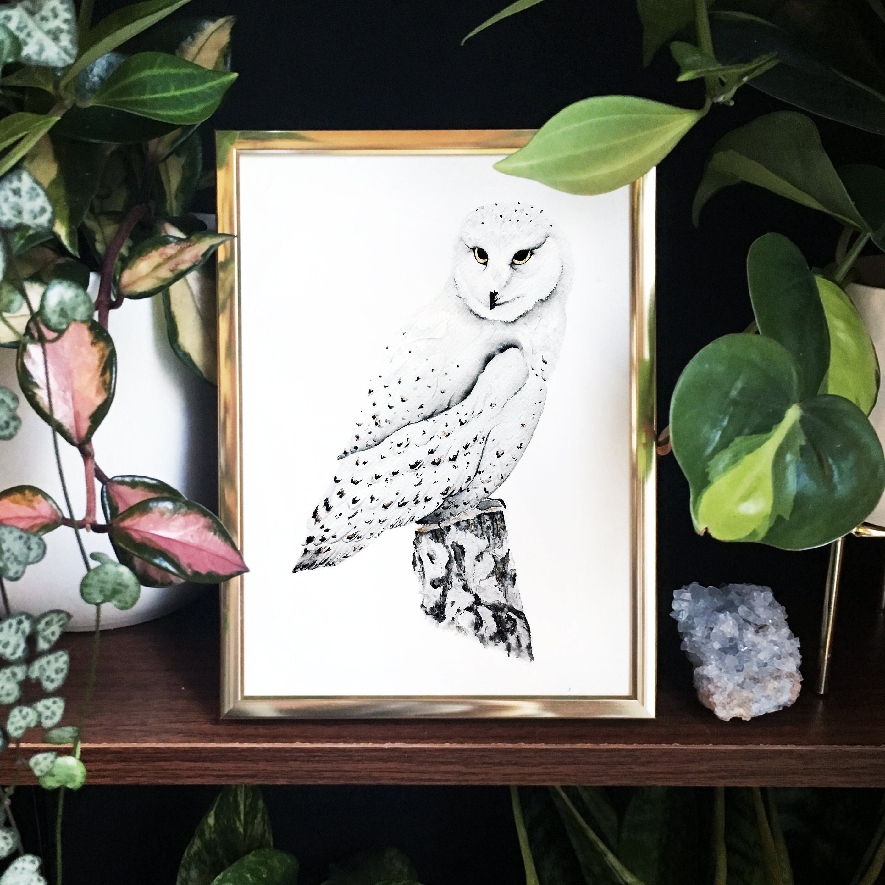 Printable Snowy Owl Art Print in Black White and Gold for | Etsy