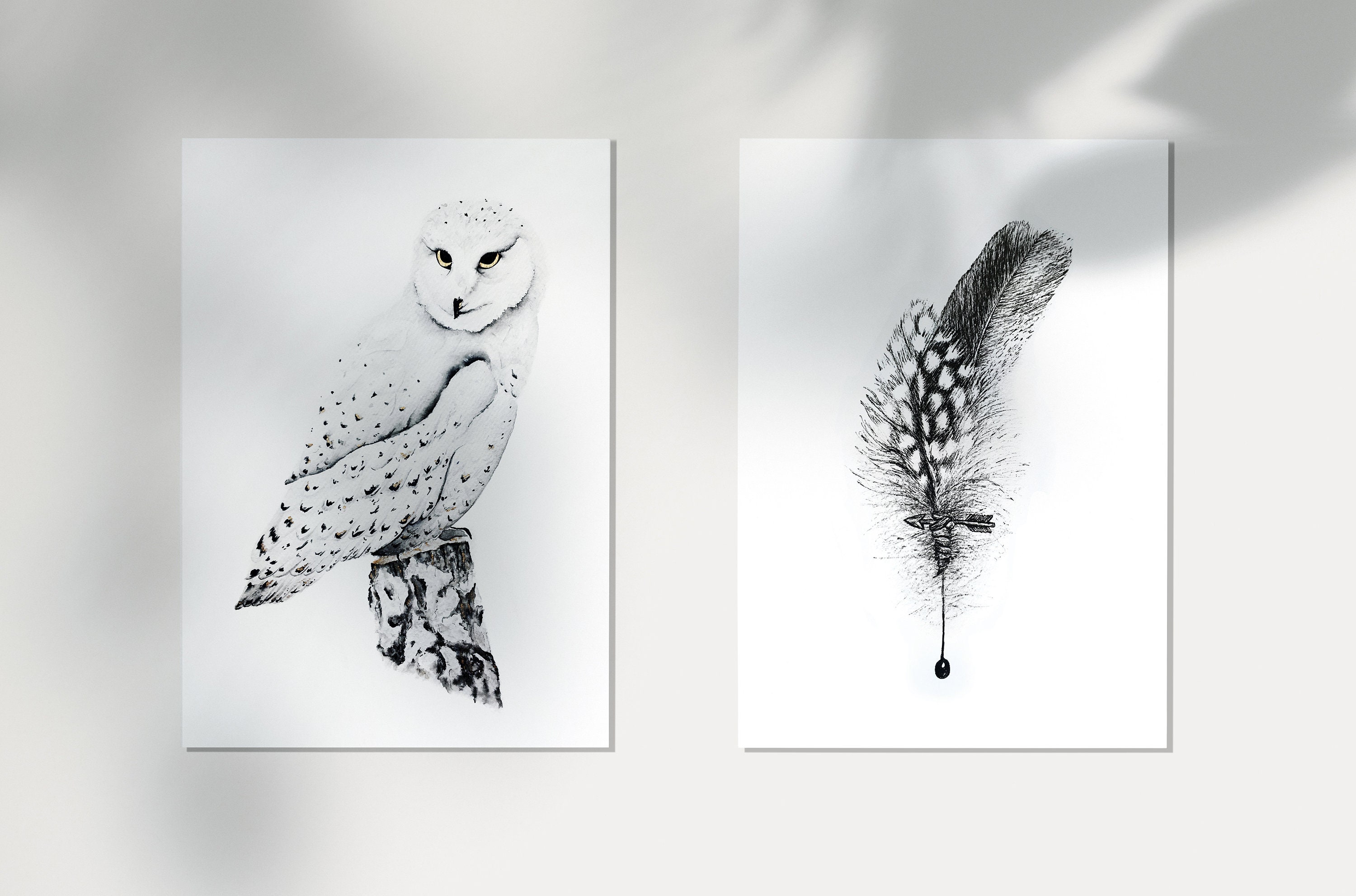 Printable Snowy Owl Art Print in Black White and Gold for | Etsy