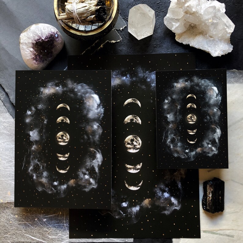 Printable Moon Phases Print in Black and Gold Watercolors for Celestial ...