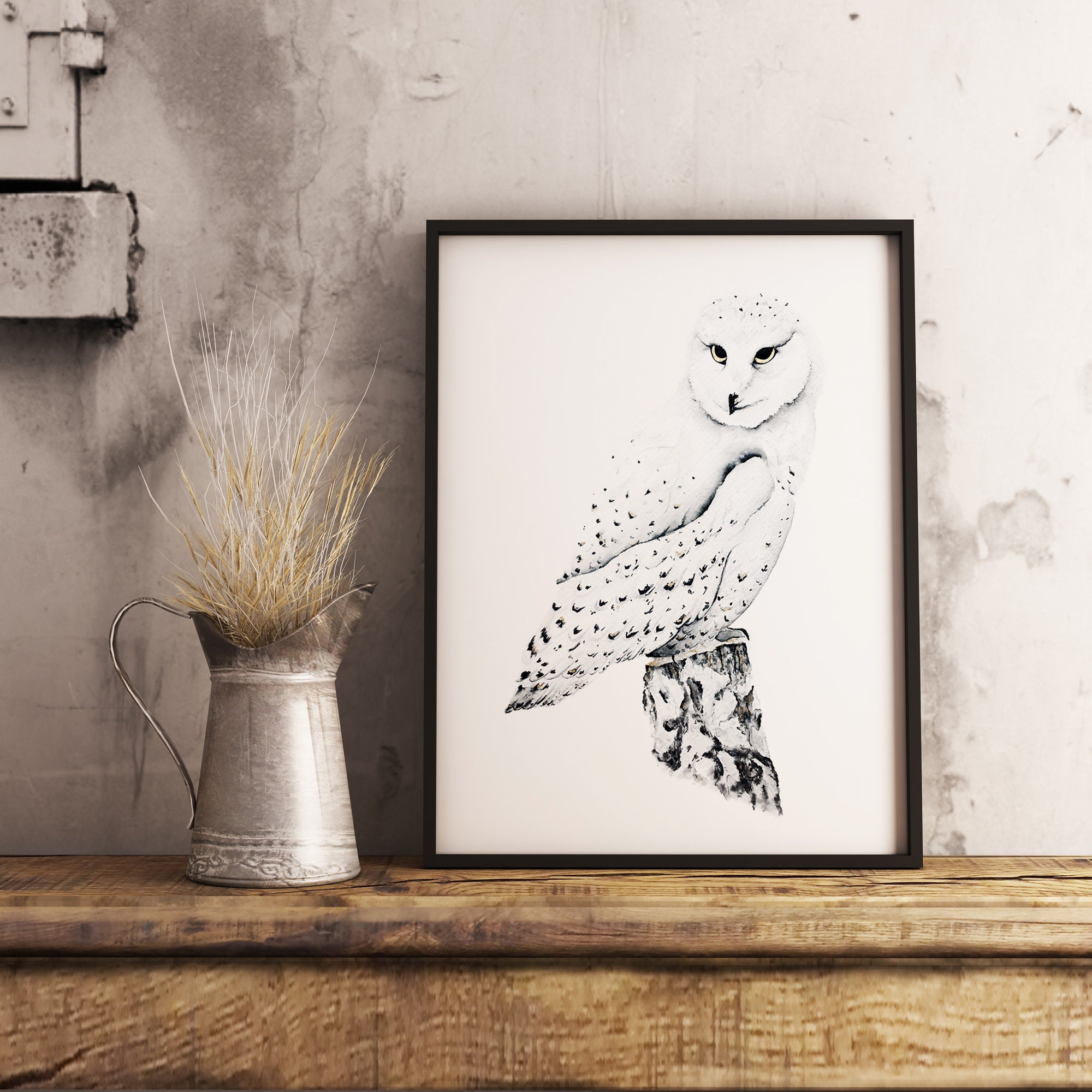 Printable Snowy Owl Art Print in Black White and Gold for | Etsy