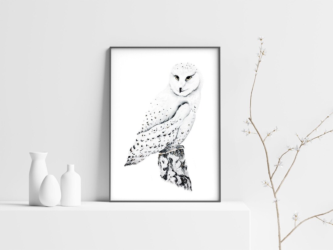 Printable Snowy Owl Art Print in Black White and Gold for Animal Lovers ...