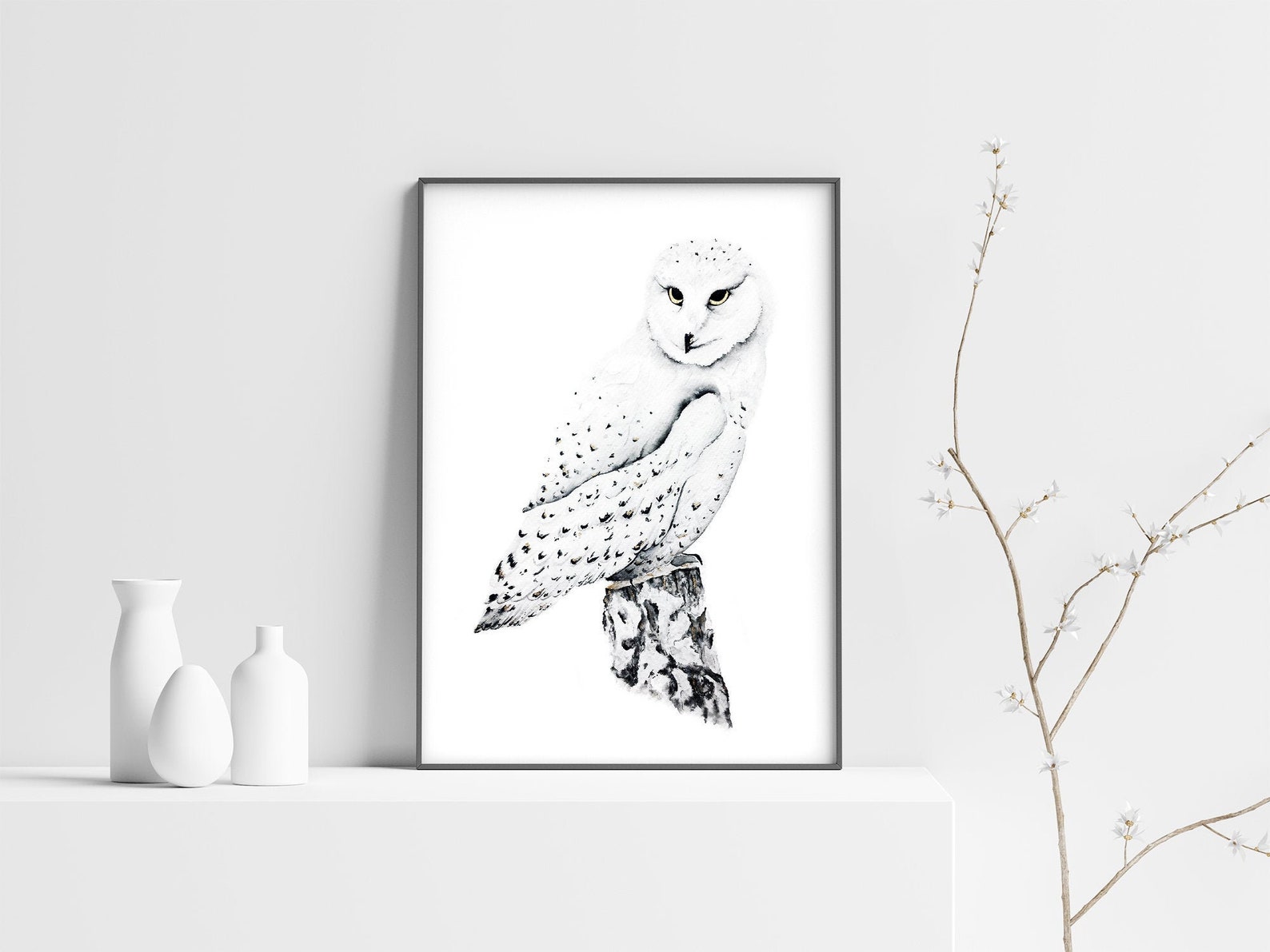 Printable Snowy Owl Art Print in Black White and Gold for | Etsy