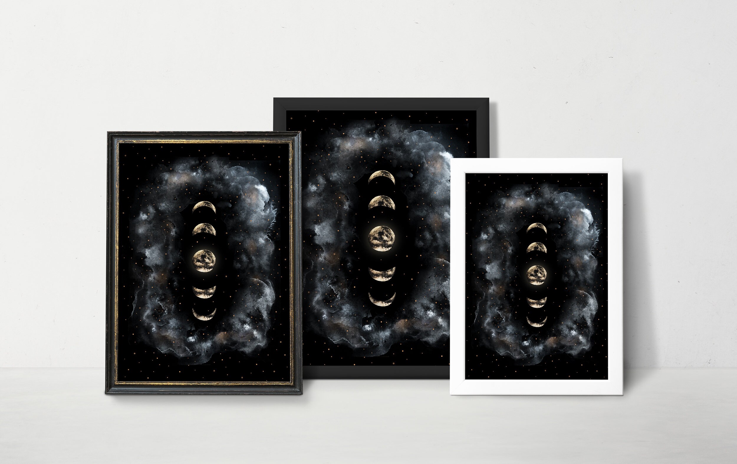 Printable Moon Phases Print in black and gold watercolors for | Etsy