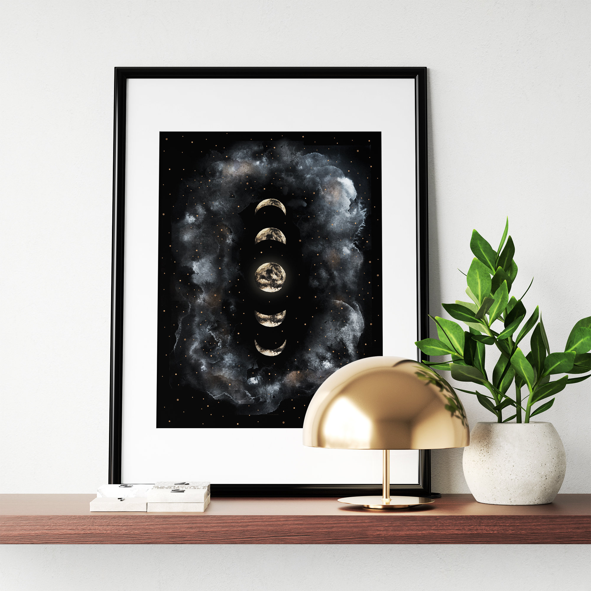 Printable Moon Phases Print in black and gold watercolors for | Etsy