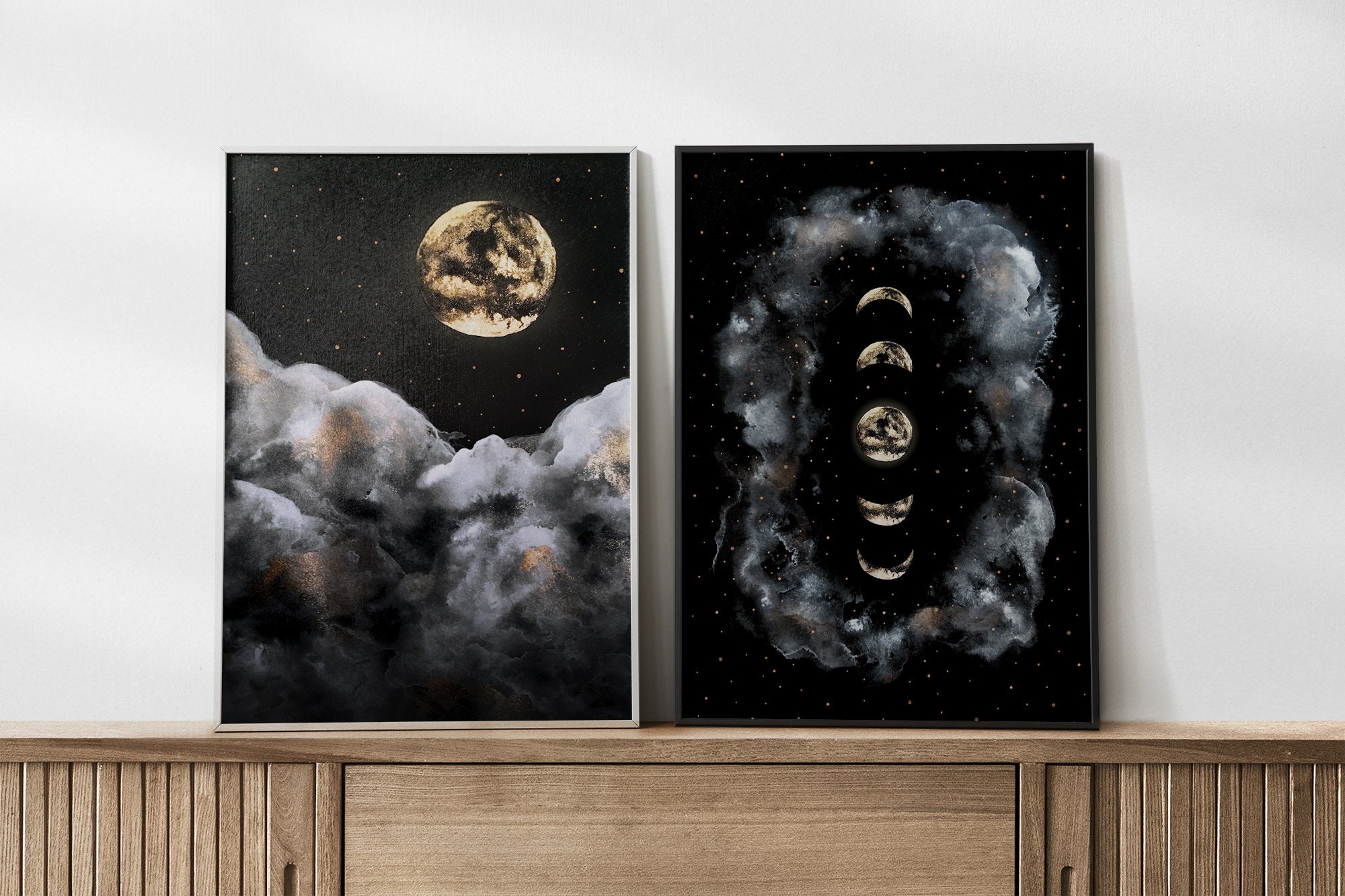 Printable Full Moon Print, Celestial Wall Art, Golden Moon and Clouds ...