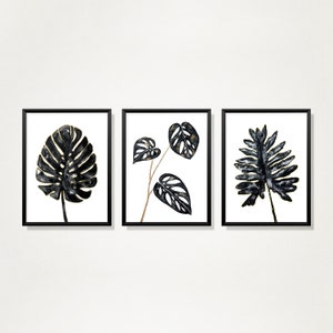 Printable Botanical Wall Art Set of 3 a Plants Prints Set with Monsteras and Philodendron in Black and Gold for Plant Lovers