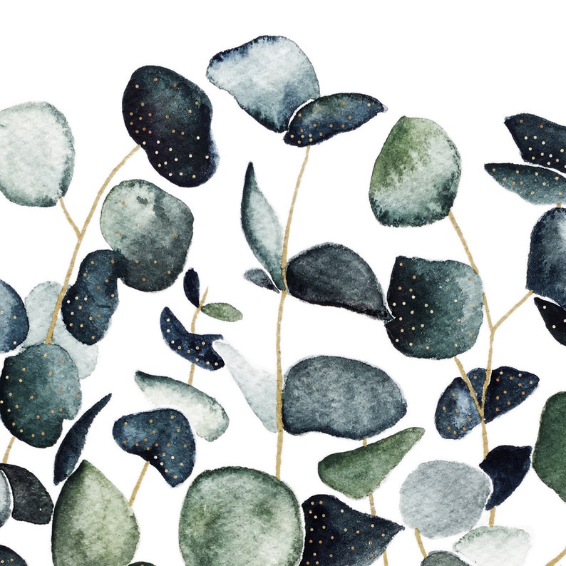 May include: Watercolor painting of eucalyptus leaves in shades of blue and green with gold accents. The leaves are arranged in a random pattern on a white background.