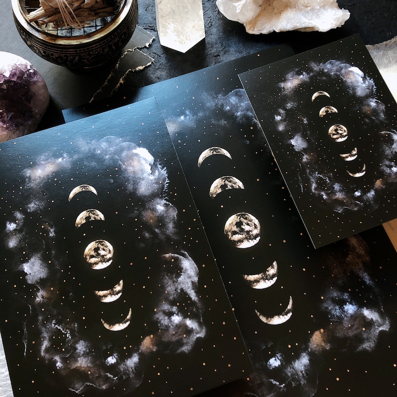 Printable Moon Phases Print in Black and Gold Watercolors for Celestial ...