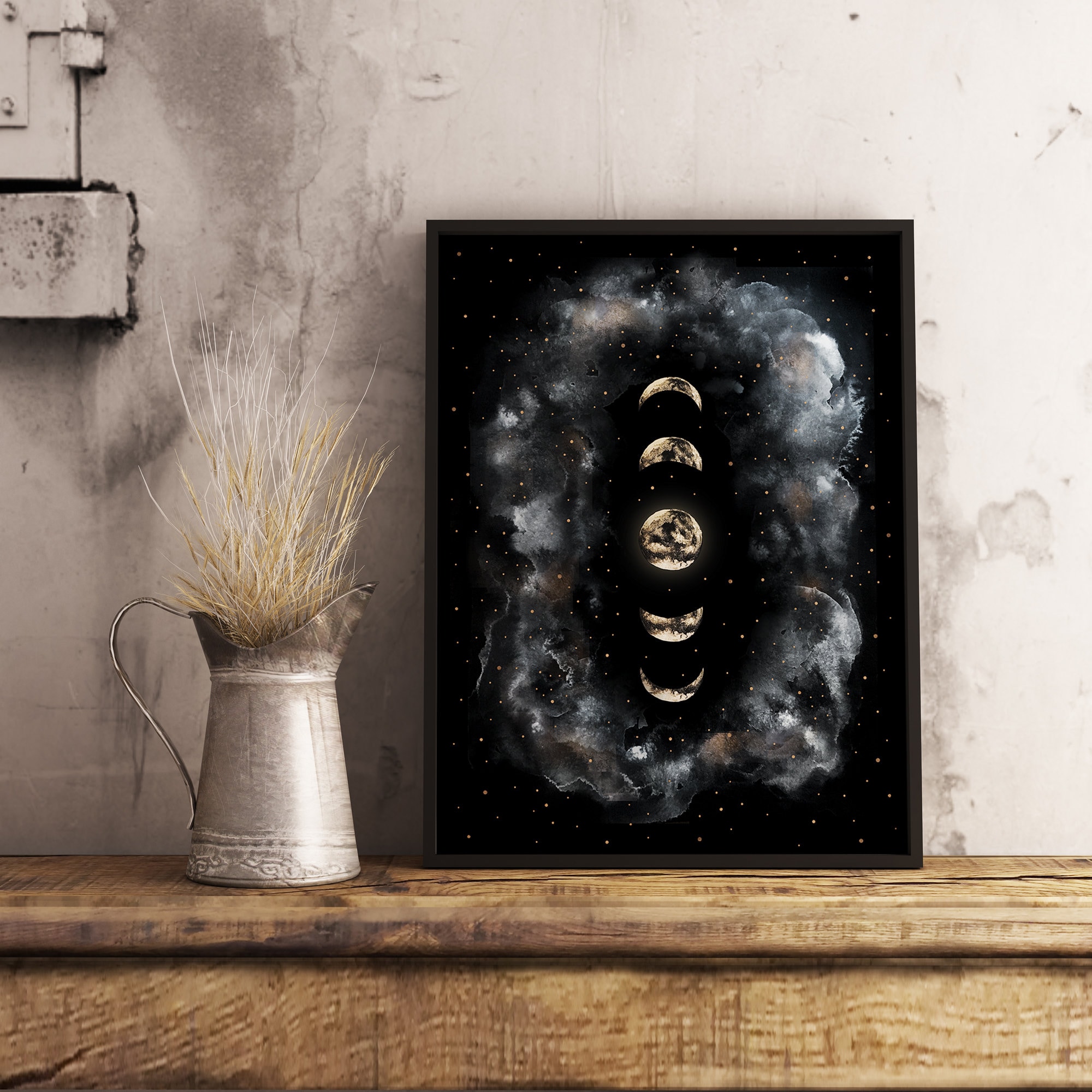 Printable Moon Phases Print in black and gold watercolors for | Etsy