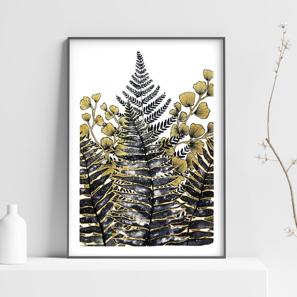 Printable botanical wall art, Ferns Plant Art Print in black and gold, Botanical poster, plant lovers gift