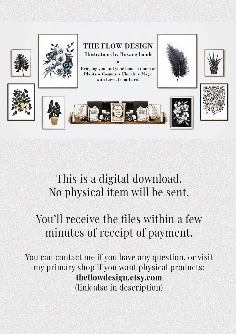 May include: A digital download of printable wall art featuring black and white illustrations of plants, flowers, and feathers. The text "THE FLOW DESIGN Illustrations by Roxane Lands" is at the top of the image. The text "Bringing you and your home a touch of Plants Cosmos Florals Magic with Love, from Paris" is below the title. The text "This is a digital download. No physical item will be sent. You'll receive the files within a few minutes of receipt of payment. You can contact me if you have any question, or visit my primary shop if you want physical products: theflowdesign.etsy.com (link also in description)" is at the bottom of the image.