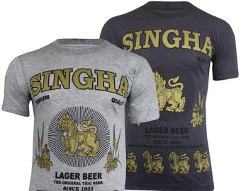 Original Mens Singha Thai Lager Beer Lion T-Shirt | Thailand Cotton Short Sleeve Crew Neck Top | Hand Screen Print Tee